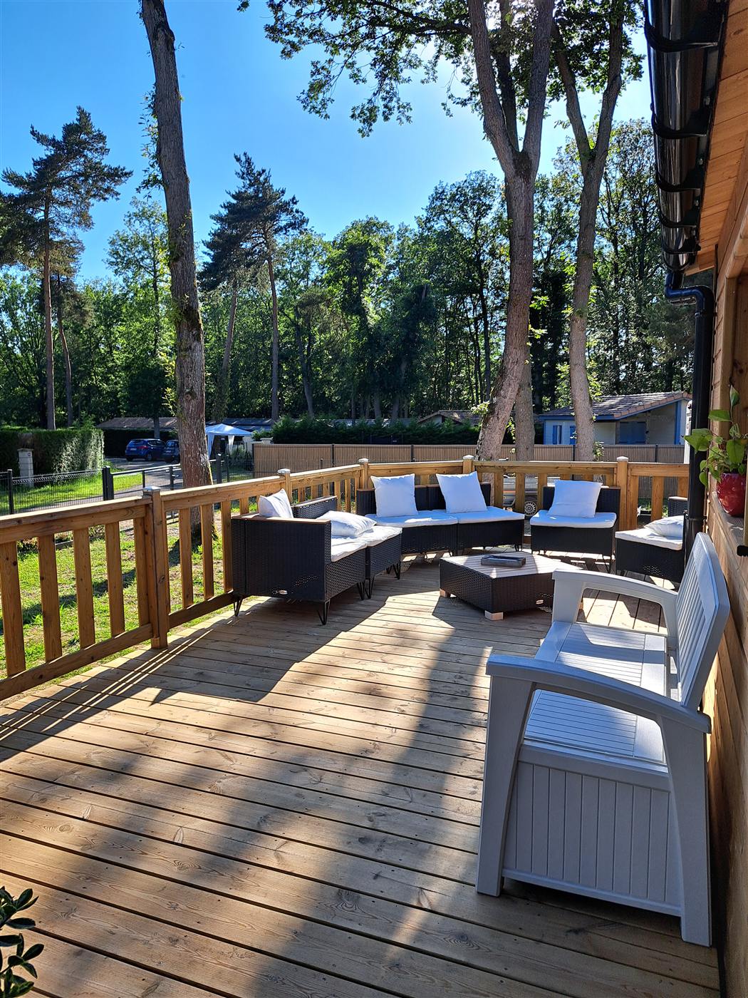 Terrasse panoramique du chalet sous les arbres